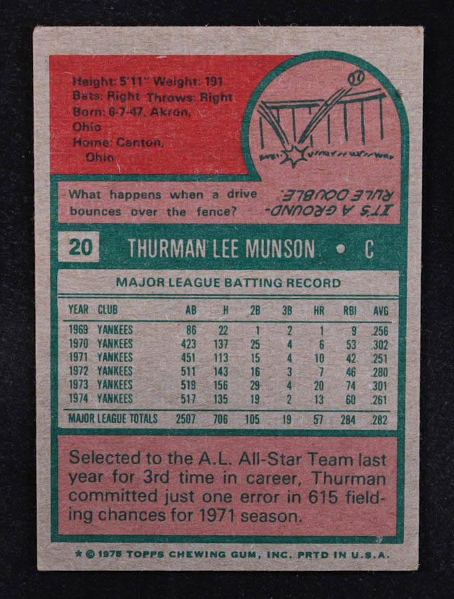 Thurman Munson 1975 Topps #20 at PristineAuction.com Thurman Munson 1975 Topps #20 at PristineAuction.com