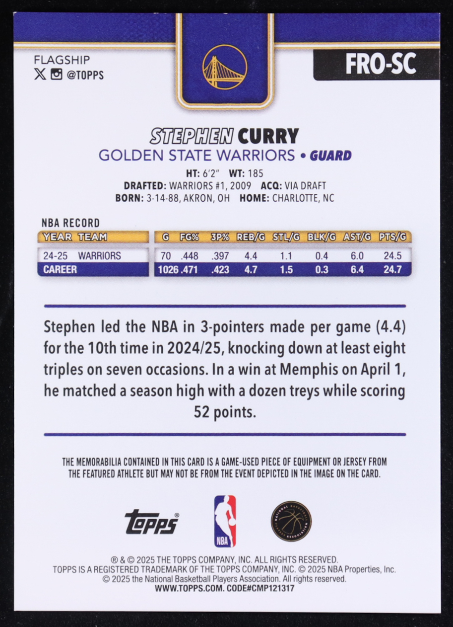 Stephen Curry 2025-26 Topps Flagship Real One Relics #FROSC at PristineAuction.com Stephen Curry 2025-26 Topps Flagship Real One Relics #FROSC at PristineAuction.com
