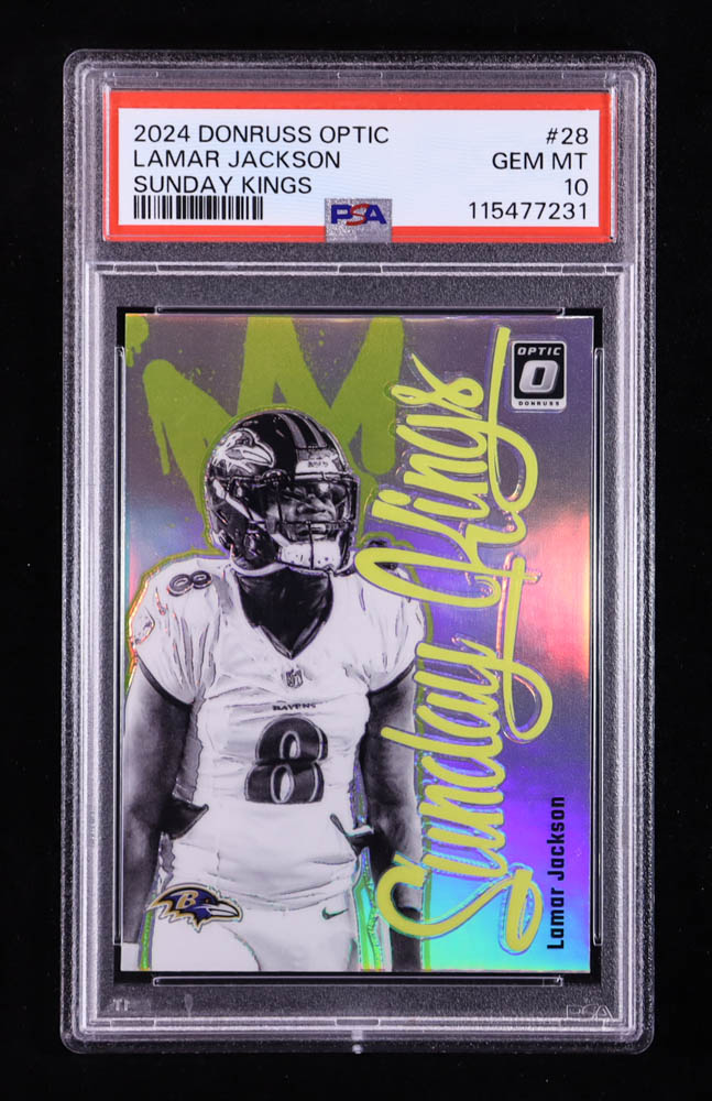 Lamar Jackson 2024 Donruss Optic Sunday Kings #28 (PSA 10) at PristineAuction.com Lamar Jackson 2024 Donruss Optic Sunday Kings #28 (PSA 10) at PristineAuction.com