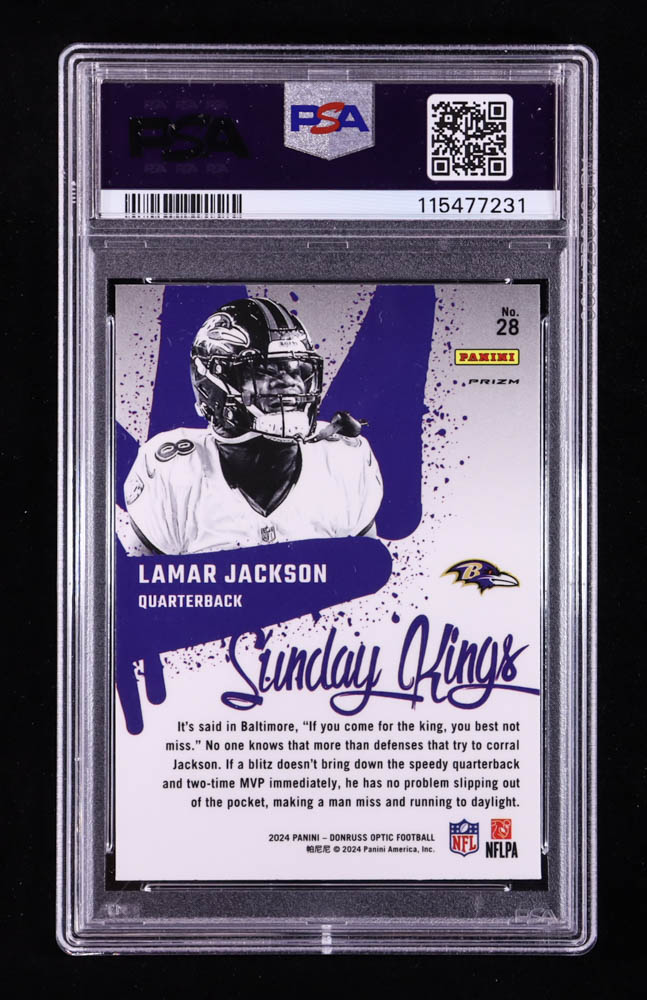 Lamar Jackson 2024 Donruss Optic Sunday Kings #28 (PSA 10) at PristineAuction.com Lamar Jackson 2024 Donruss Optic Sunday Kings #28 (PSA 10) at PristineAuction.com