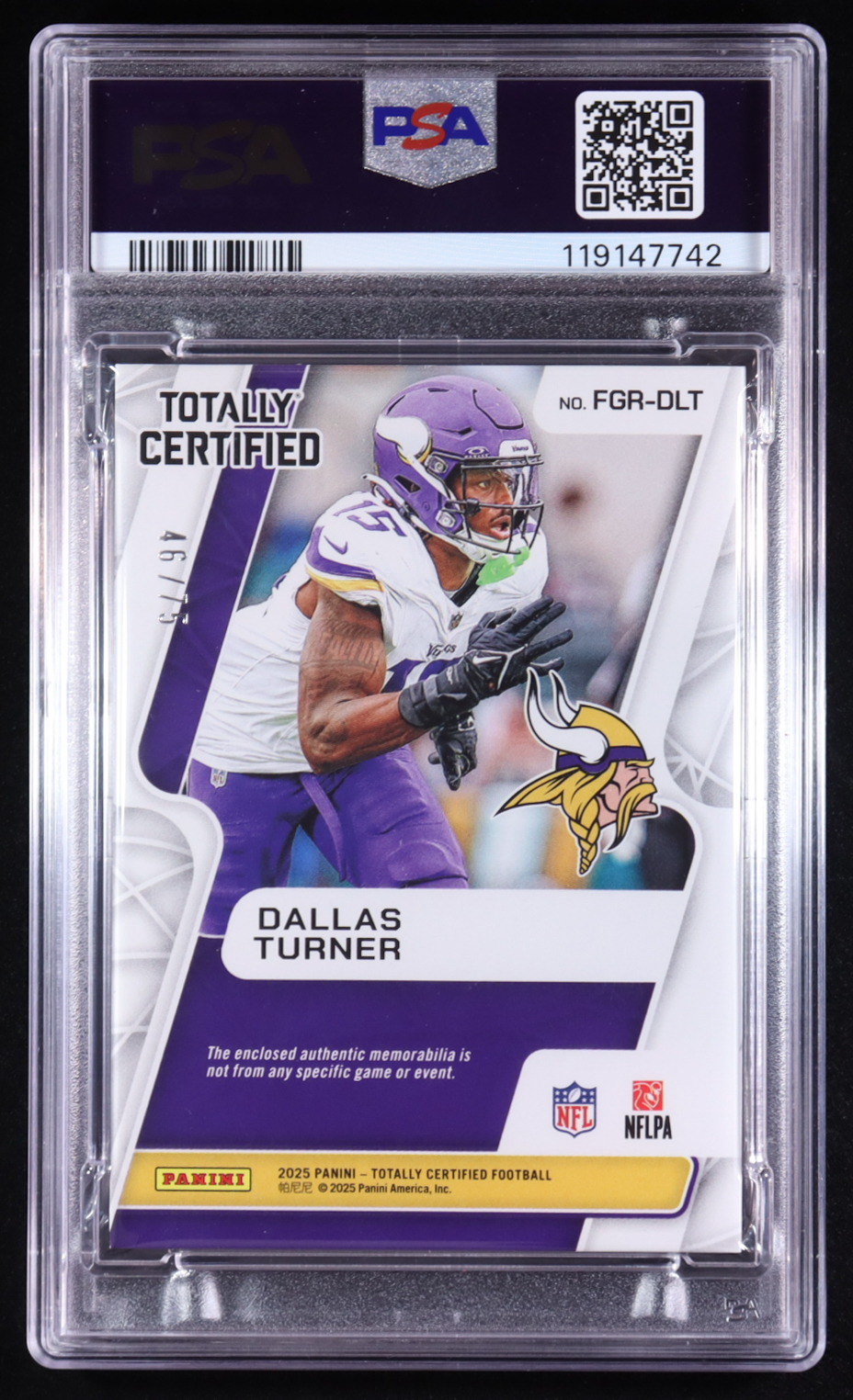 Dallas Turner 2024 Panini Totally Certifed Fabric/Game Rookie Mirror Blue #FGR-DLT RC #46/75 (PSA 9) at PristineAuction.com Dallas Turner 2024 Panini Totally Certifed Fabric/Game Rookie Mirror Blue #FGR-DLT RC #46/75 (PSA 9) at PristineAuction.com