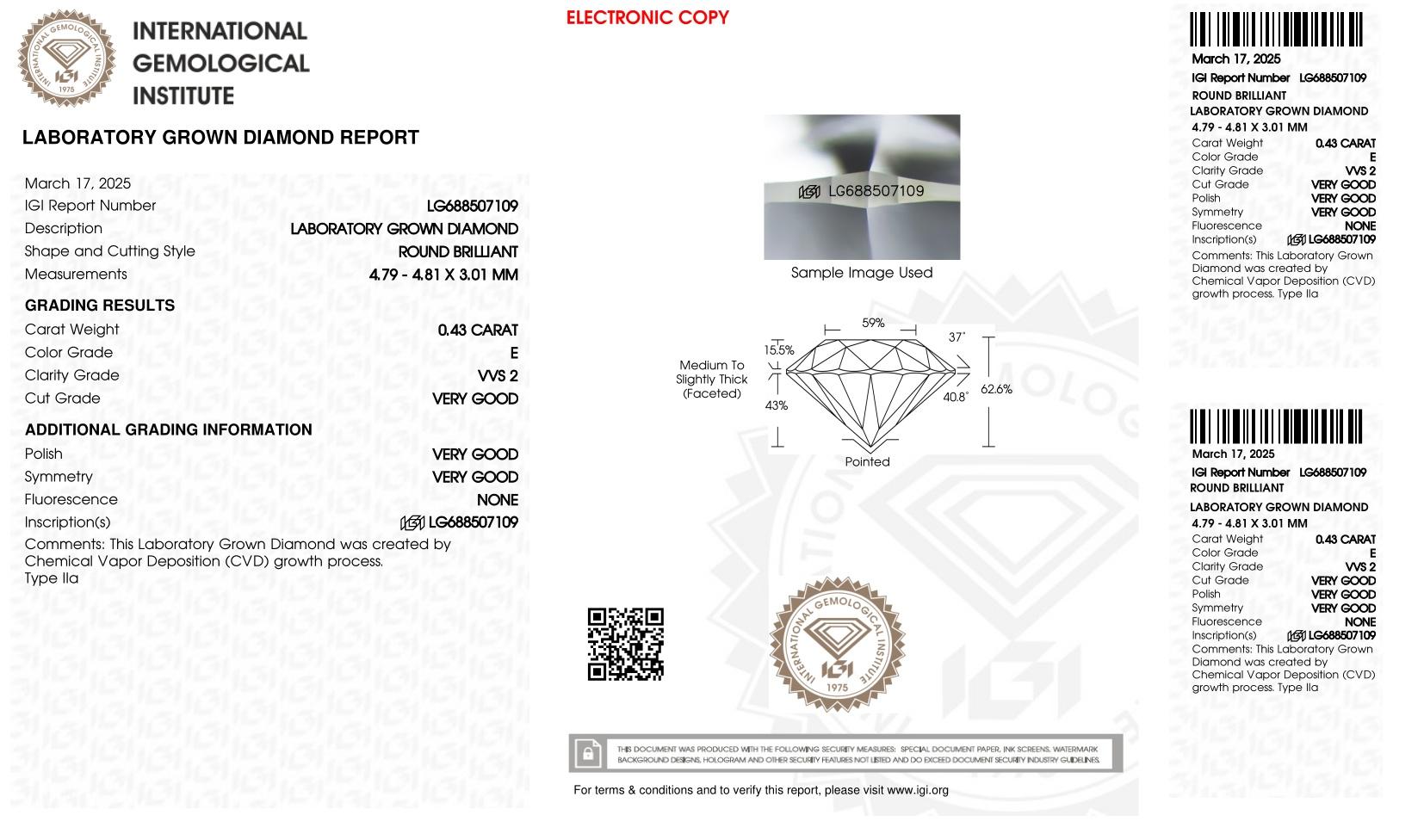 .43 Carats Lab Grown Diamond Loose E, VVS2 | IGI Cert at PristineAuction.com .43 Carats Lab Grown Diamond Loose E, VVS2 | IGI Cert at PristineAuction.com