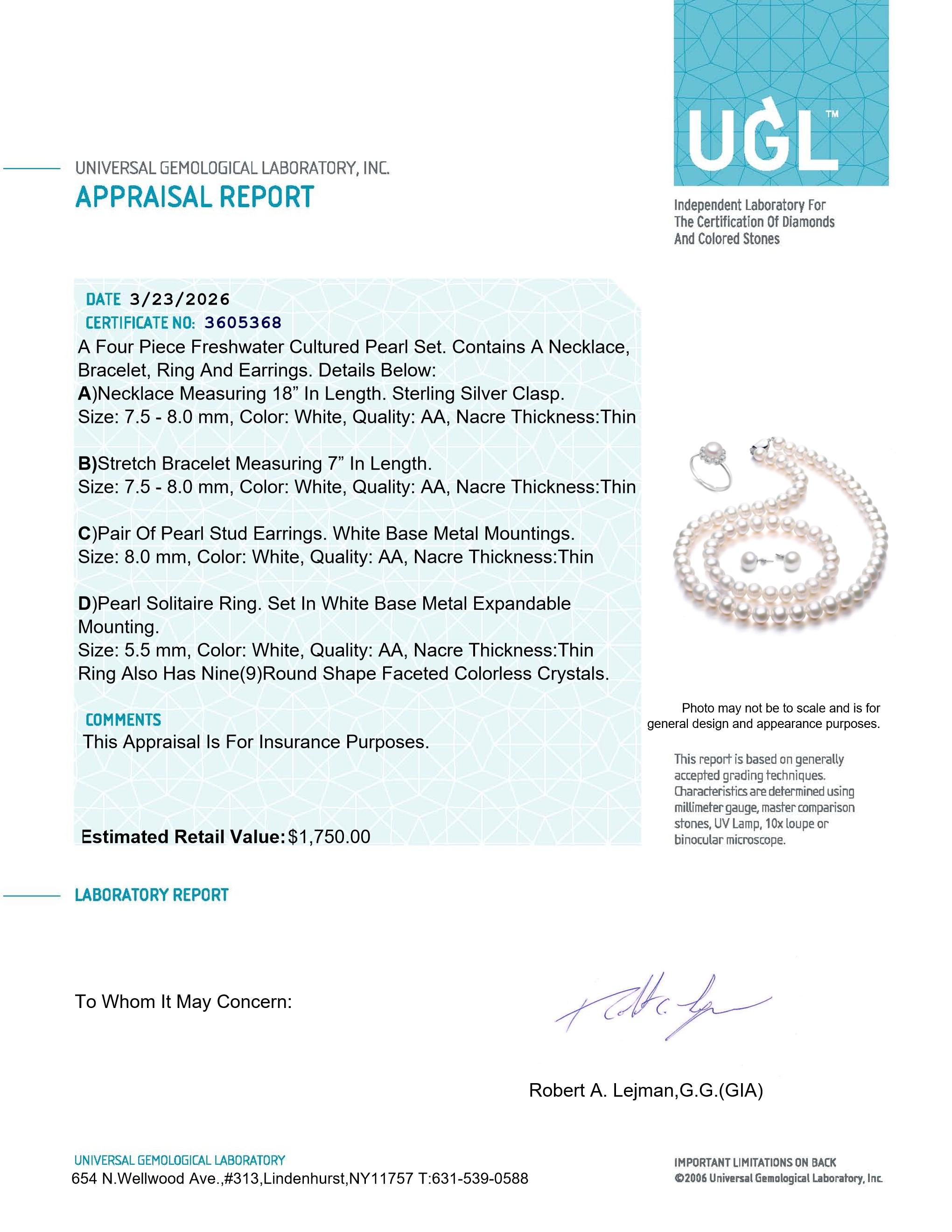 Freshwater Cultured White Pearl 4-Piece Set in Box | $1,750 Estimated Retail Value (UGL Cert) | Necklace, Bracelet, Ring, & Earrings at PristineAuction.com Freshwater Cultured White Pearl 4-Piece Set in Box | $1,750 Estimated Retail Value (UGL Cert) | Necklace, Bracelet, Ring, & Earrings at PristineAuction.com