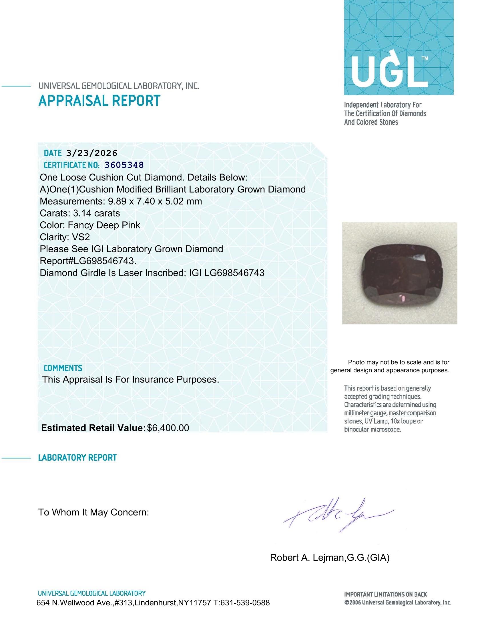3.14 Carats Lab Grown FANCY DEEP PINK Diamond Loose VS2 | $6,400 Estimated Retail Value (UGL & IGI Certs) at PristineAuction.com 3.14 Carats Lab Grown FANCY DEEP PINK Diamond Loose VS2 | $6,400 Estimated Retail Value (UGL & IGI Certs) at PristineAuction.com