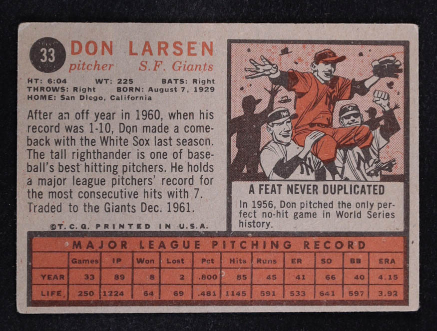 Don Larsen 1962 Topps #33 at PristineAuction.com Don Larsen 1962 Topps #33 at PristineAuction.com