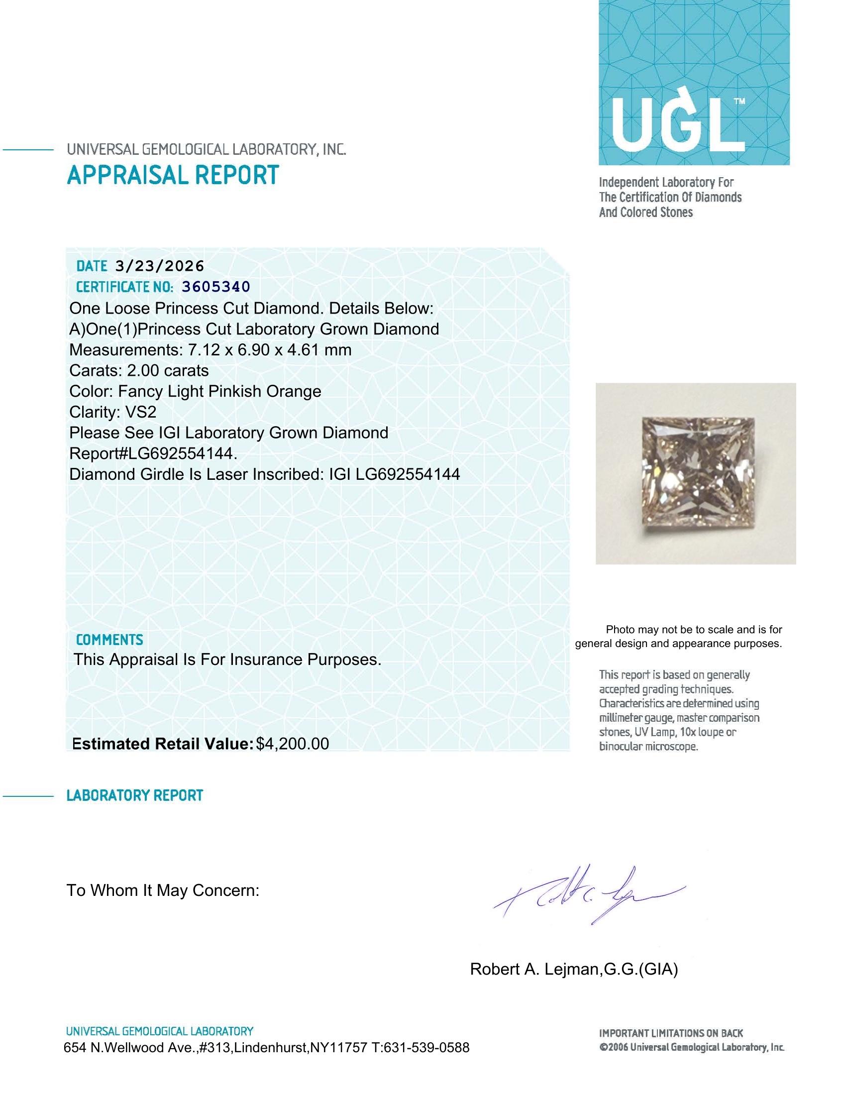 2.00 Carats Lab Grown FANCY LIGHT PINKISH ORANGE Diamond Loose VS2 | $4,200 Estimated Retail Value (UGL & IGI Certs) at PristineAuction.com 2.00 Carats Lab Grown FANCY LIGHT PINKISH ORANGE Diamond Loose VS2 | $4,200 Estimated Retail Value (UGL & IGI Certs) at PristineAuction.com