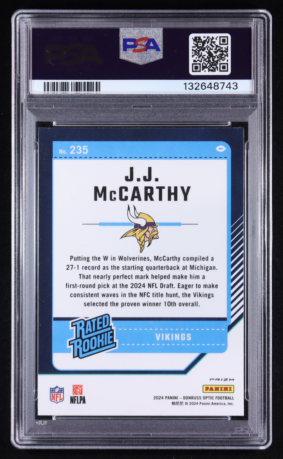 JJ McCarthy 2024 Donruss Optic Holo #235 RR RC (PSA 9) at PristineAuction.com JJ McCarthy 2024 Donruss Optic Holo #235 RR RC (PSA 9) at PristineAuction.com