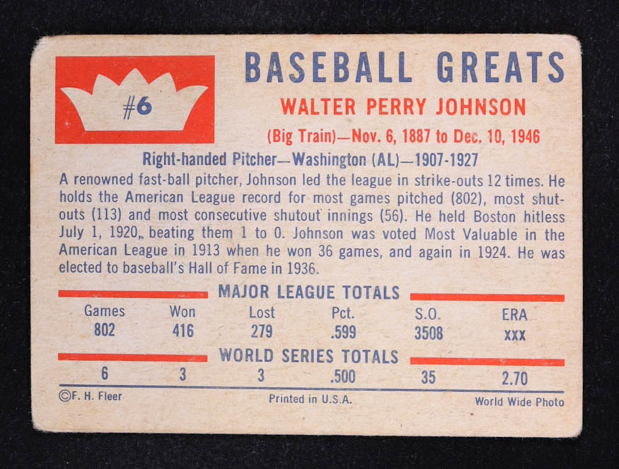Walter Johnson 1960 Fleer #6 DP at PristineAuction.com Walter Johnson 1960 Fleer #6 DP at PristineAuction.com