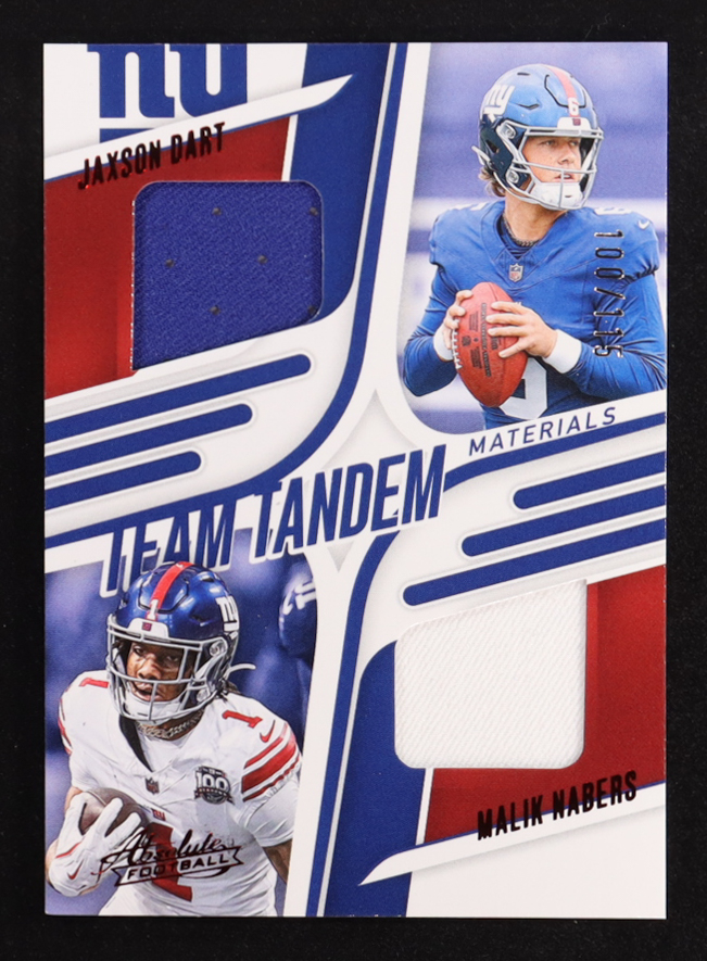 Jaxson Dart RC / Malik Nabers 2025 Absolute Team Tandem Materials #38 #100/115 at PristineAuction.com Jaxson Dart RC / Malik Nabers 2025 Absolute Team Tandem Materials #38 #100/115 at PristineAuction.com