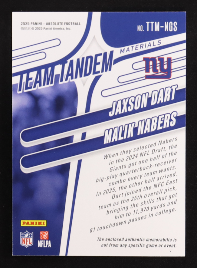 Jaxson Dart RC / Malik Nabers 2025 Absolute Team Tandem Materials #38 #100/115 at PristineAuction.com Jaxson Dart RC / Malik Nabers 2025 Absolute Team Tandem Materials #38 #100/115 at PristineAuction.com
