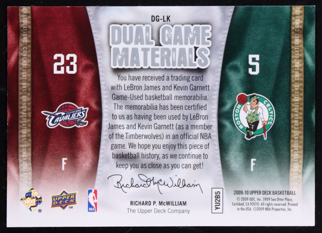 Kevin Garnett / LeBron James 2009-10 Upper Deck Game Materials Dual #DGLK at PristineAuction.com Kevin Garnett / LeBron James 2009-10 Upper Deck Game Materials Dual #DGLK at PristineAuction.com
