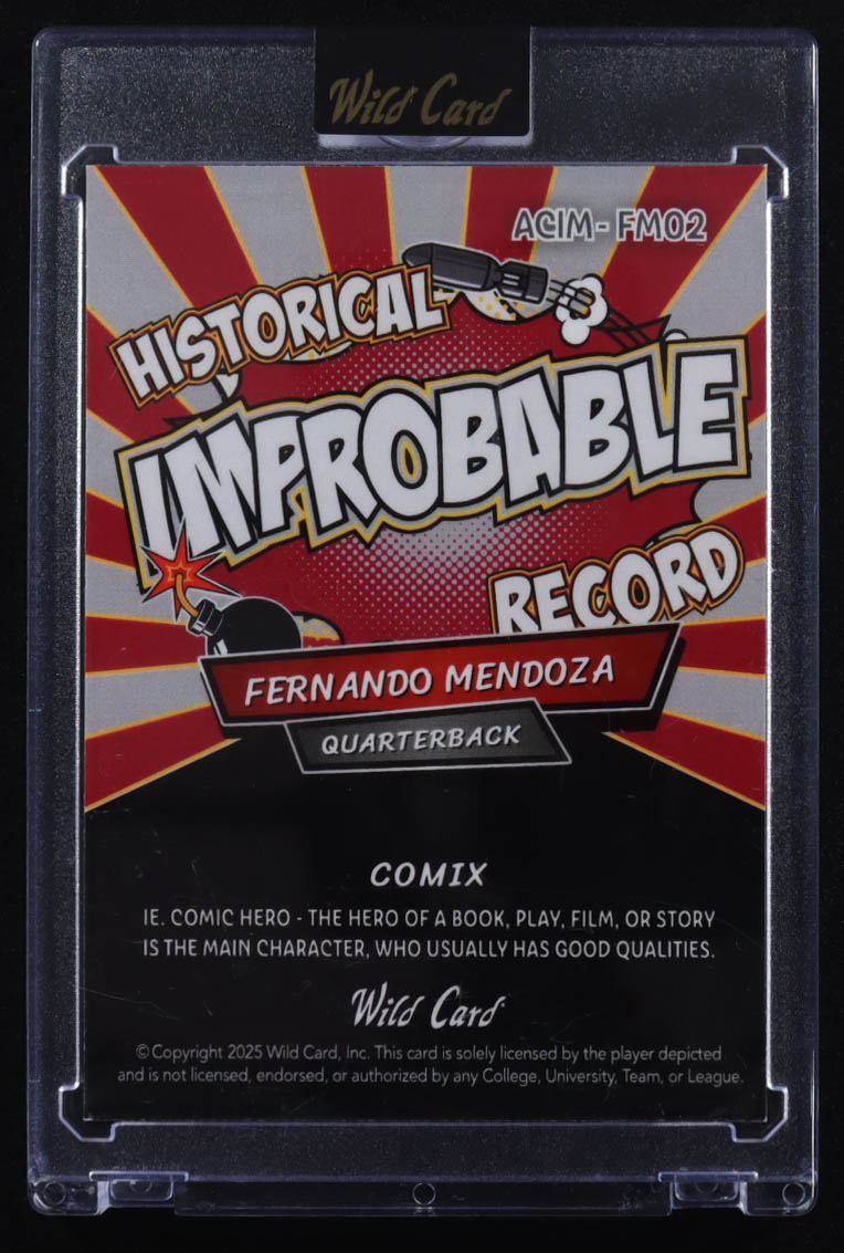 Fernando Mendoza 2025 Wild Card Comix Improbable Red Wave #ACIMFM02 #2/2 RC at PristineAuction.com Fernando Mendoza 2025 Wild Card Comix Improbable Red Wave #ACIMFM02 #2/2 RC at PristineAuction.com