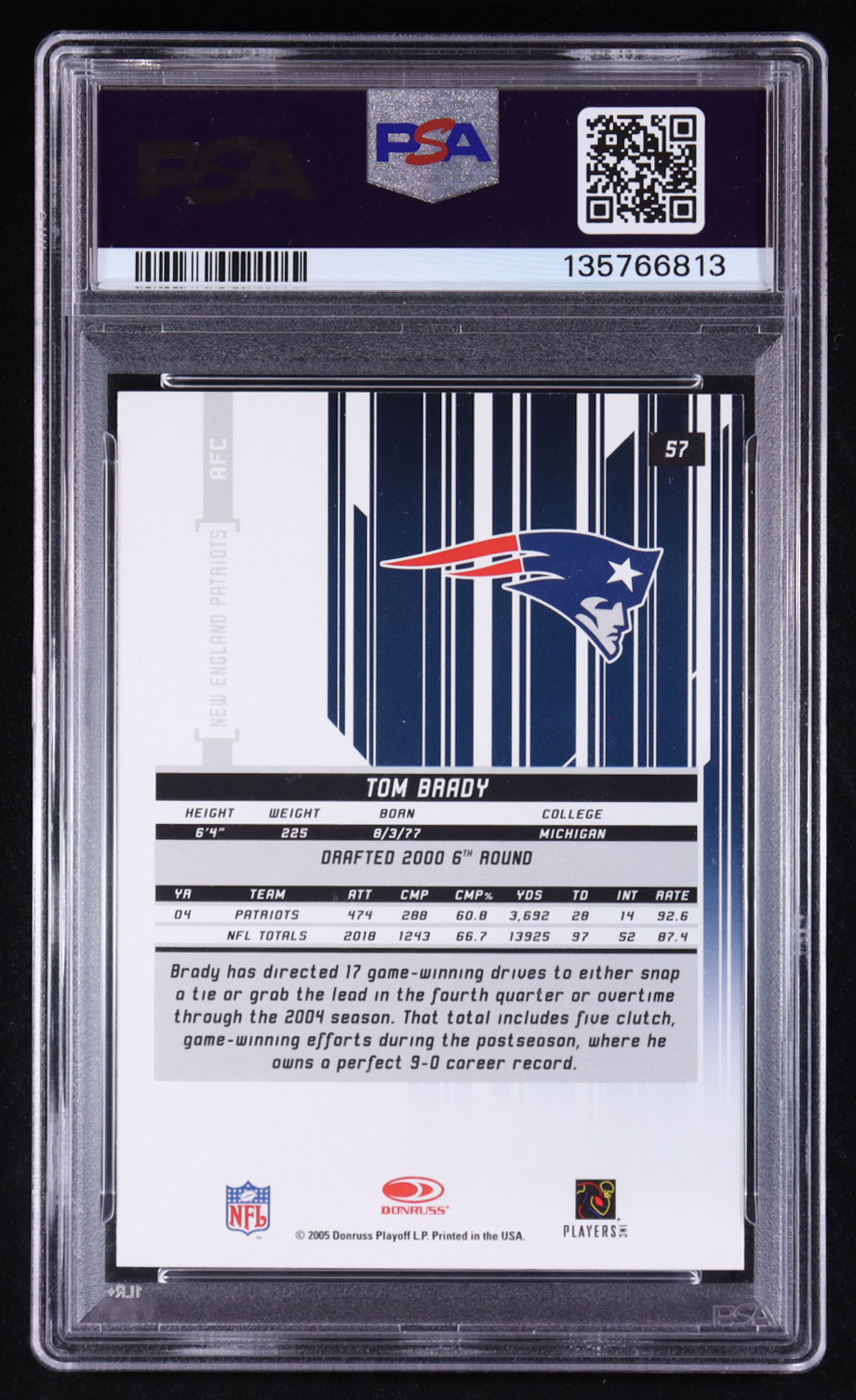 Tom Brady 2005 Leaf Rookies and Stars Longevity #57 (PSA 9) at PristineAuction.com Tom Brady 2005 Leaf Rookies and Stars Longevity #57 (PSA 9) at PristineAuction.com
