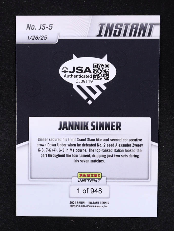 Jannik Sinner Signed 2024-25 Panini Instant #JS5 RC at PristineAuction.com Jannik Sinner Signed 2024-25 Panini Instant #JS5 RC at PristineAuction.com