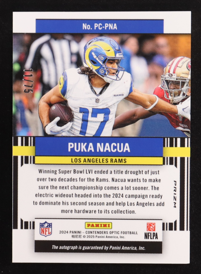 Puka Nacua 2024 Panini Contenders Optic Perennial Contenders Autographs Blue #PCPNA #11/75 at PristineAuction.com Puka Nacua 2024 Panini Contenders Optic Perennial Contenders Autographs Blue #PCPNA #11/75 at PristineAuction.com