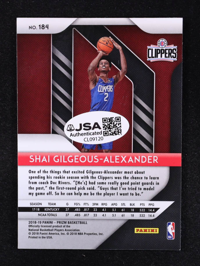 Shai Gilgeous-Alexander Signed 2018-19 Panini Prizm #184 RC at PristineAuction.com Shai Gilgeous-Alexander Signed 2018-19 Panini Prizm #184 RC at PristineAuction.com