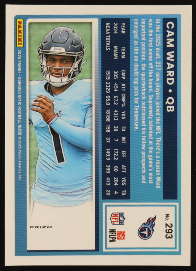 Cam Ward 2025 Donruss Optic Holo #293 RR RC at PristineAuction.com Cam Ward 2025 Donruss Optic Holo #293 RR RC at PristineAuction.com