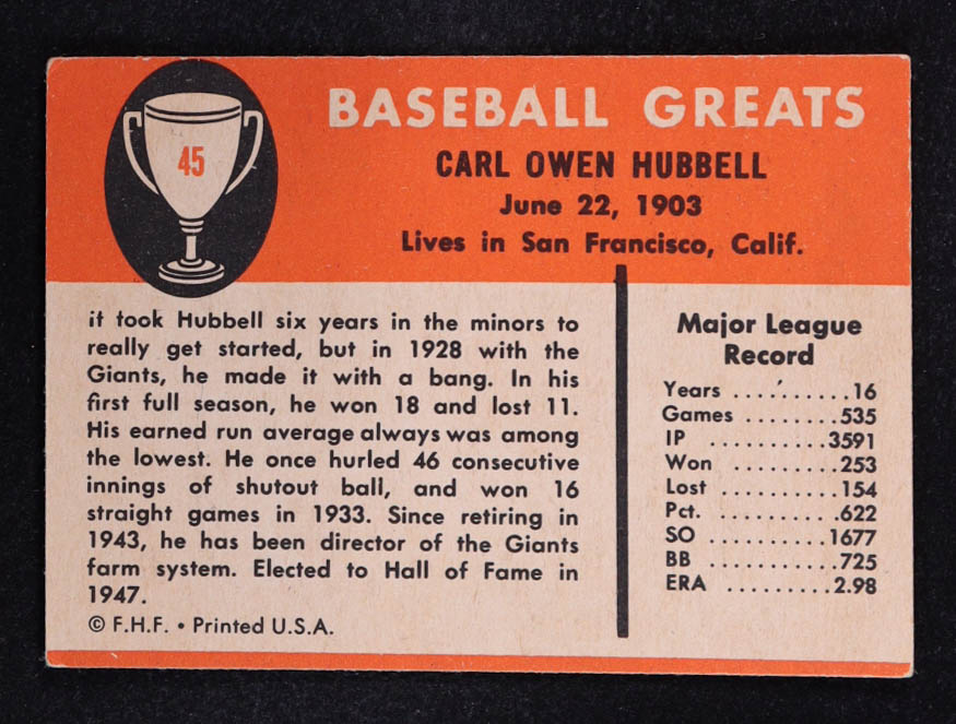 Carl Hubbell 1961 Fleer #45 at PristineAuction.com Carl Hubbell 1961 Fleer #45 at PristineAuction.com
