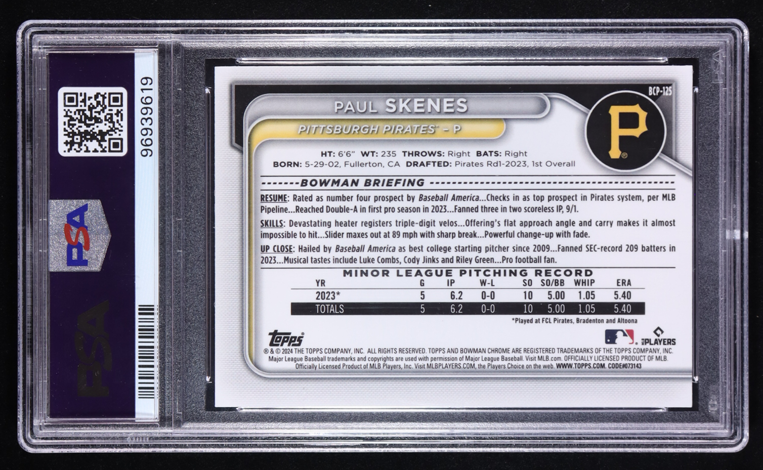 Paul Skenes 2024 Bowman Chrome Prospects #BCP125 RC (PSA 9) at PristineAuction.com Paul Skenes 2024 Bowman Chrome Prospects #BCP125 RC (PSA 9) at PristineAuction.com