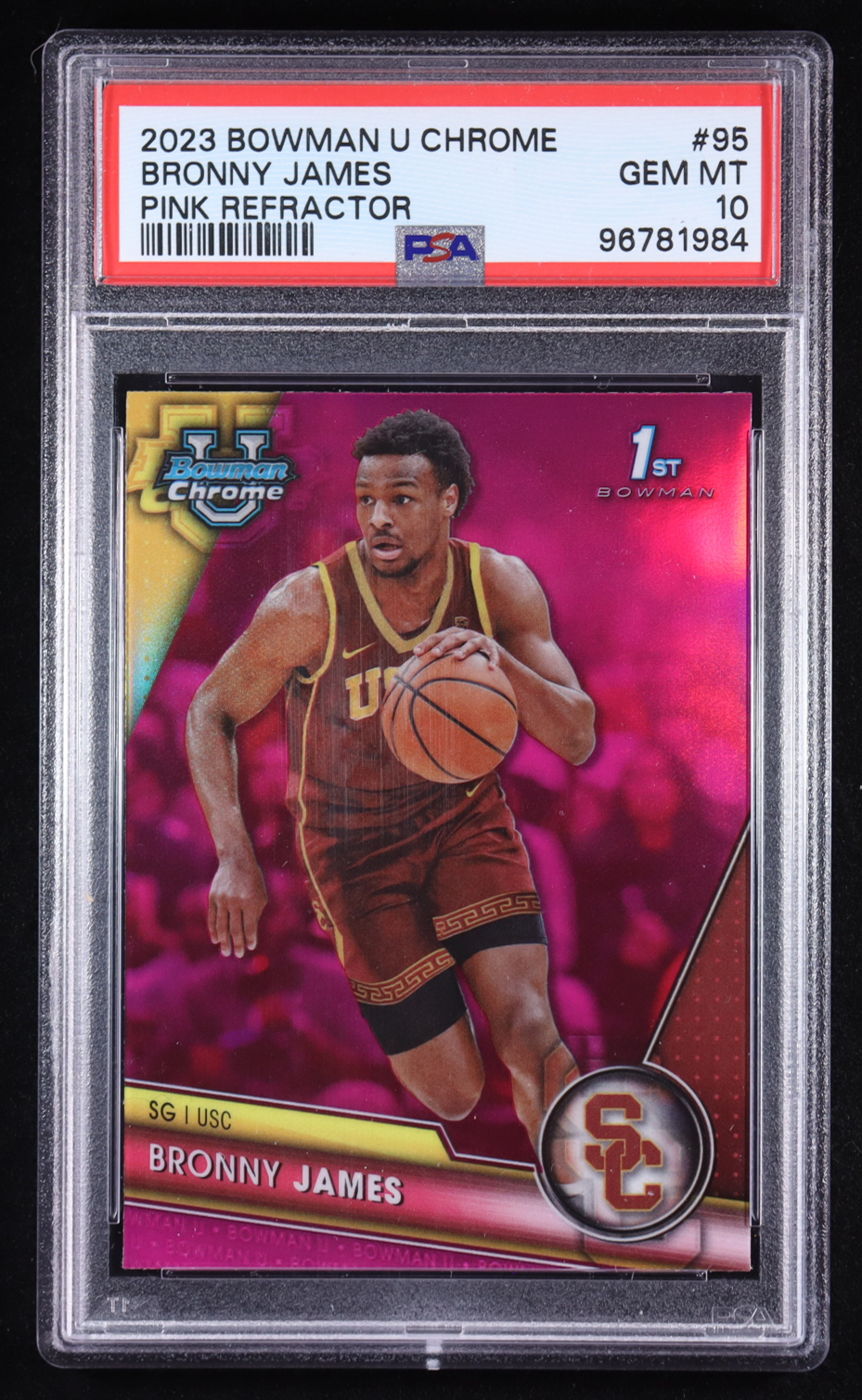 Bronny James 2023-24 Bowman Chrome University Pink Refractors #95 RC (PSA 10) at PristineAuction.com Bronny James 2023-24 Bowman Chrome University Pink Refractors #95 RC (PSA 10) at PristineAuction.com