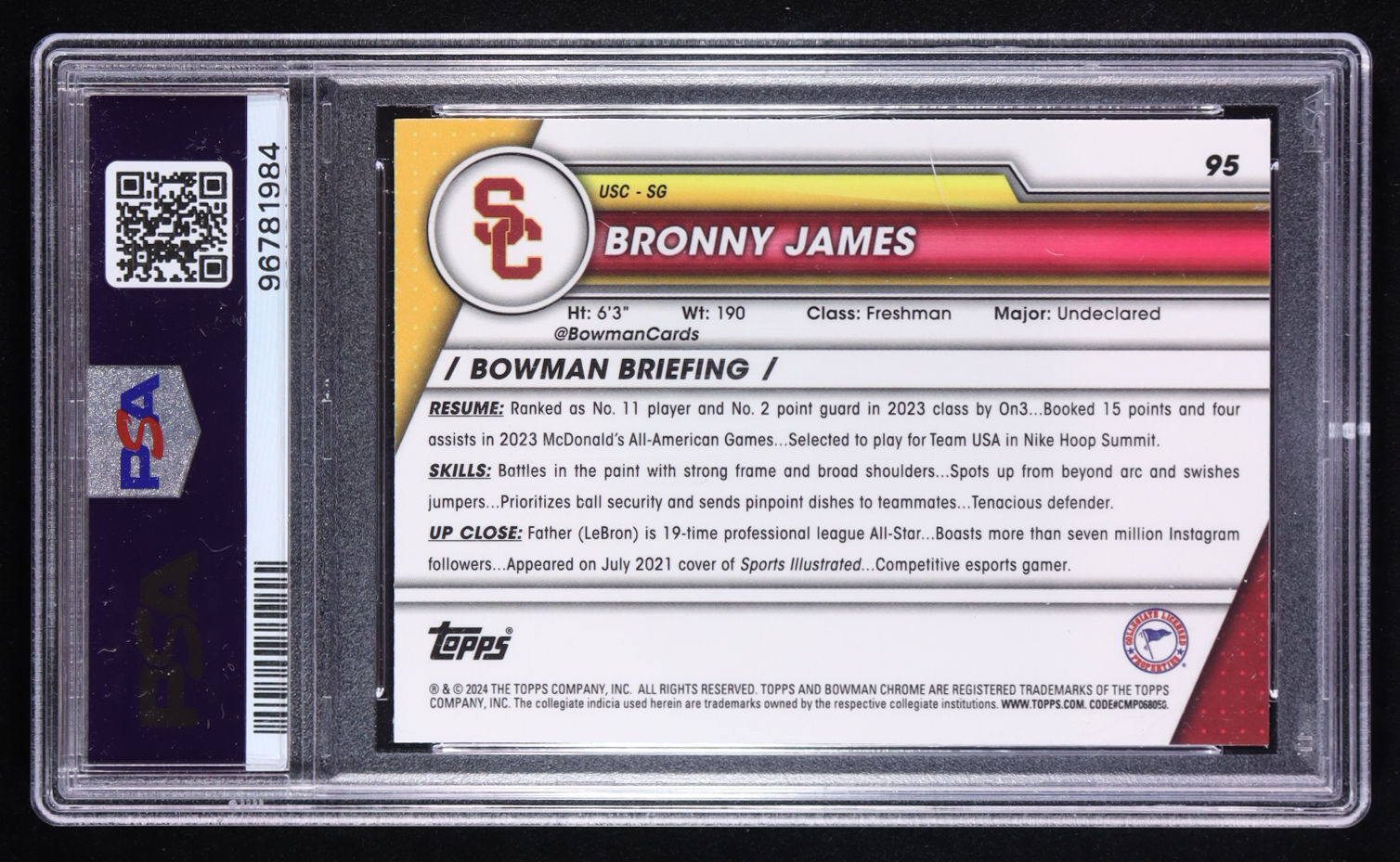 Bronny James 2023-24 Bowman Chrome University Pink Refractors #95 RC (PSA 10) at PristineAuction.com Bronny James 2023-24 Bowman Chrome University Pink Refractors #95 RC (PSA 10) at PristineAuction.com