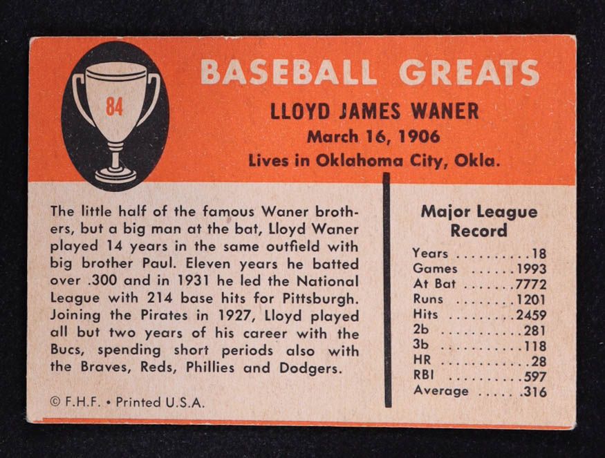 Lloyd Waner 1961 Fleer #84 at PristineAuction.com Lloyd Waner 1961 Fleer #84 at PristineAuction.com