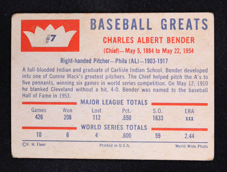 Chief Bender 1960 Fleer #7 at PristineAuction.com Chief Bender 1960 Fleer #7 at PristineAuction.com