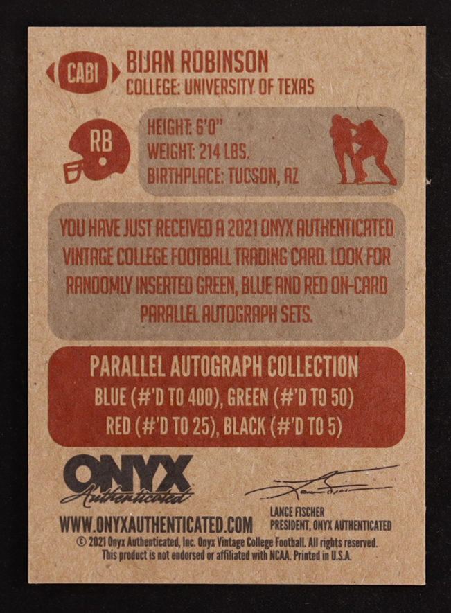 Bijan Robinson 2021 Onyx Vintage College Autographs Blue #CABI EXCH RC at PristineAuction.com Bijan Robinson 2021 Onyx Vintage College Autographs Blue #CABI EXCH RC at PristineAuction.com