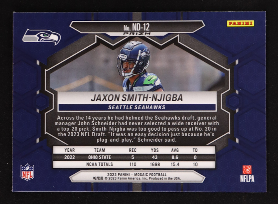 Jaxon Smith-Njigba 2023 Panini Mosaic NFL Debut Mosaic Green #12 RC at PristineAuction.com Jaxon Smith-Njigba 2023 Panini Mosaic NFL Debut Mosaic Green #12 RC at PristineAuction.com