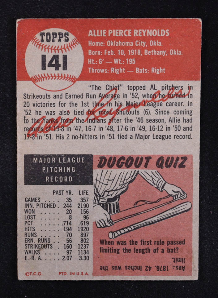 Allie Reynolds 1953 Topps #141 DP at PristineAuction.com Allie Reynolds 1953 Topps #141 DP at PristineAuction.com