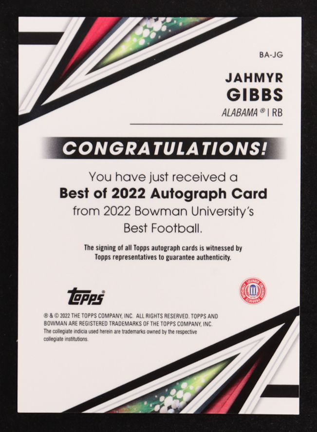Jahmyr Gibbs 2022 Bowman's Best University Best of '22 Autographs #BAJG RC at PristineAuction.com Jahmyr Gibbs 2022 Bowman's Best University Best of '22 Autographs #BAJG RC at PristineAuction.com