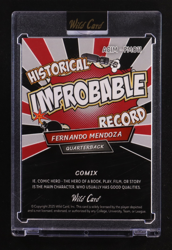 Fernando Mendoza 2025 Wild Card Comix Improbable Mosaic #ACIM-FM011 #2/2 RC at PristineAuction.com Fernando Mendoza 2025 Wild Card Comix Improbable Mosaic #ACIM-FM011 #2/2 RC at PristineAuction.com
