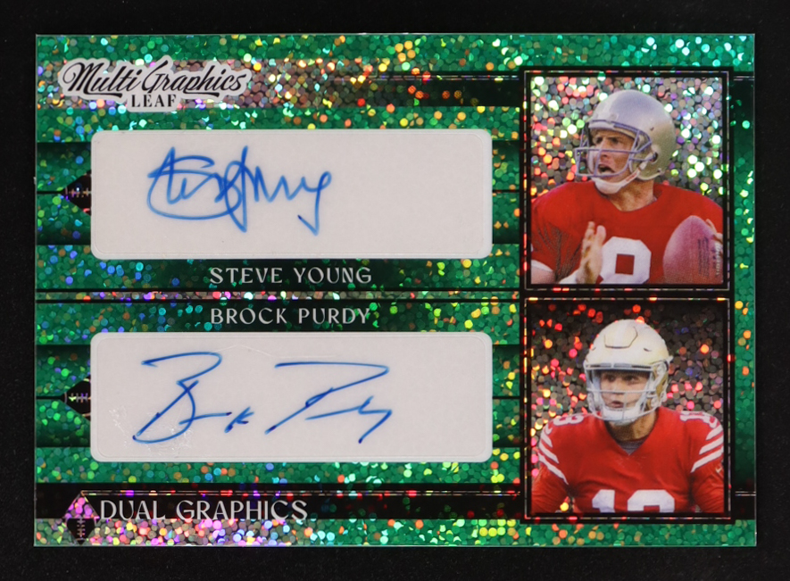 Steve Young / Brock Purdy 2023 Leaf Eclectic Multigraphics Dual Graphics Metalized Sparkles Green #MDG51 #5/5 at PristineAuction.com Steve Young / Brock Purdy 2023 Leaf Eclectic Multigraphics Dual Graphics Metalized Sparkles Green #MDG51 #5/5 at PristineAuction.com