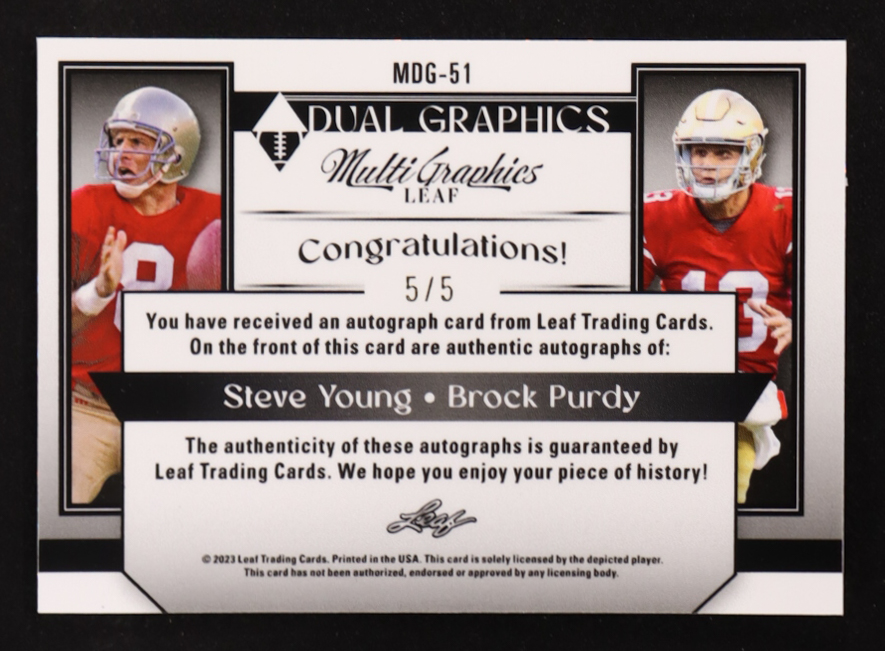 Steve Young / Brock Purdy 2023 Leaf Eclectic Multigraphics Dual Graphics Metalized Sparkles Green #MDG51 #5/5 at PristineAuction.com Steve Young / Brock Purdy 2023 Leaf Eclectic Multigraphics Dual Graphics Metalized Sparkles Green #MDG51 #5/5 at PristineAuction.com