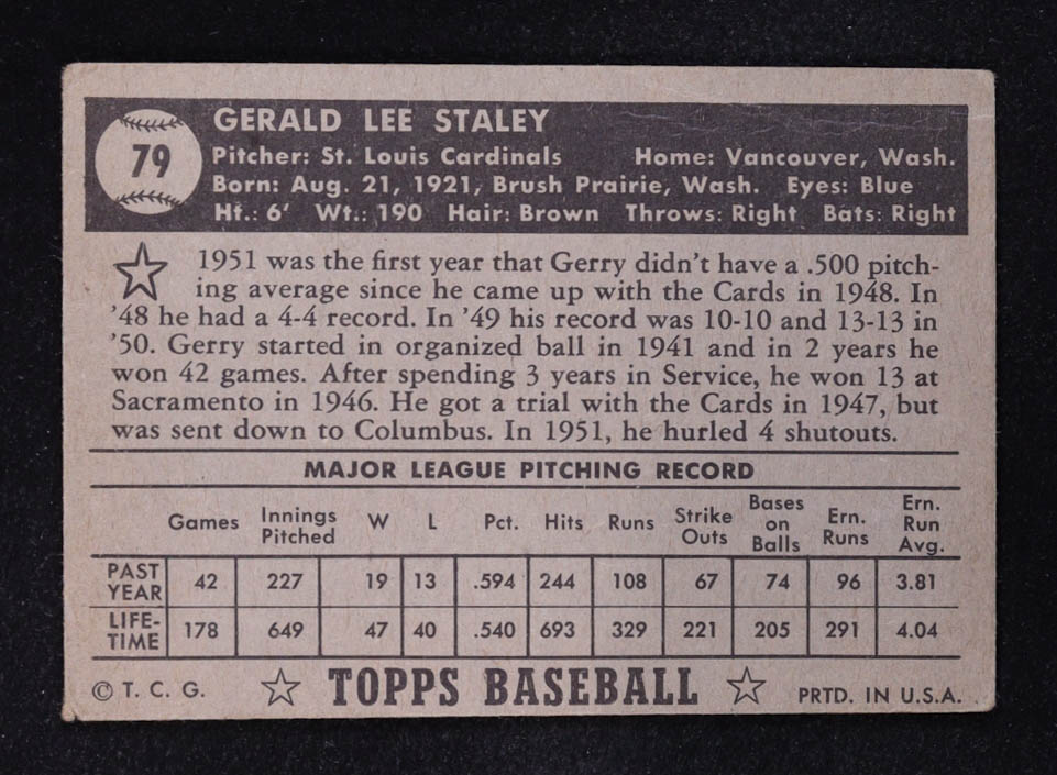 Gerry Staley 1952 Topps #79 at PristineAuction.com Gerry Staley 1952 Topps #79 at PristineAuction.com