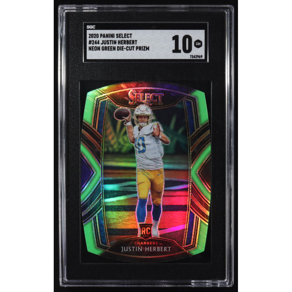 Justin Herbert 2020 Panini Select Club Level Neon Green Die-Cut Prizm #244 RC (SGC 10) at PristineAuction.com