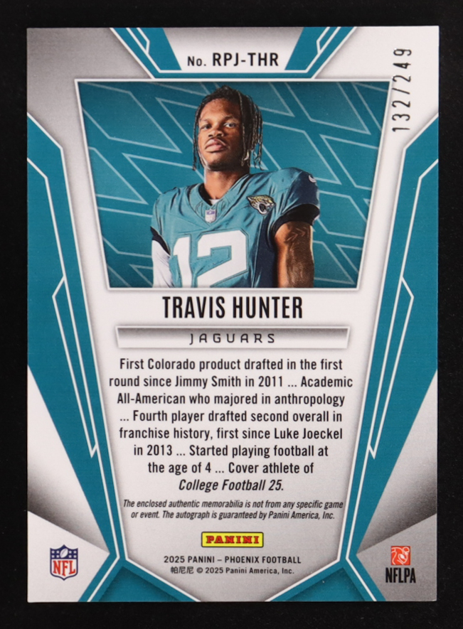 Travis Hunter 2025 Panini Phoenix Rookie Phenoms Jersey Autographs #18 RC #132/249 at PristineAuction.com Travis Hunter 2025 Panini Phoenix Rookie Phenoms Jersey Autographs #18 RC #132/249 at PristineAuction.com