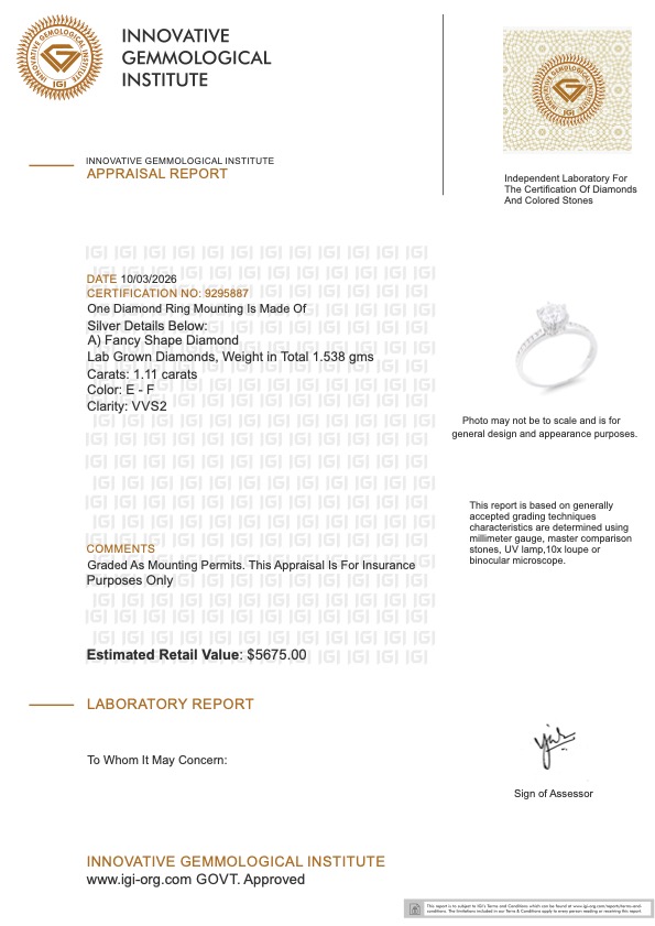 NEW! 1.11 CTW Lab-Grown Diamonds Ring E-F, VVS2 | Estimated Retail Value: $5,675 (IGI) at PristineAuction.com NEW! 1.11 CTW Lab-Grown Diamonds Ring E-F, VVS2 | Estimated Retail Value: $5,675 (IGI) at PristineAuction.com