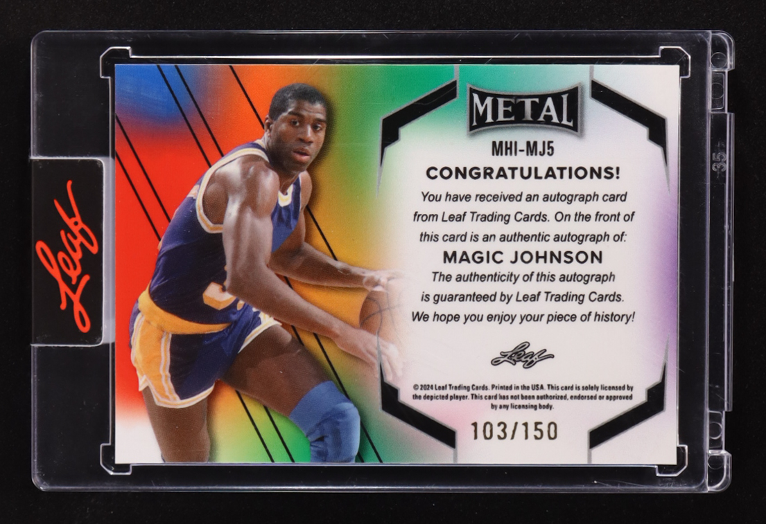 Magic Johnson 2024 Leaf Metal Inscriptions Prismatic Purple #MHIMJ5 #103/150 at PristineAuction.com Magic Johnson 2024 Leaf Metal Inscriptions Prismatic Purple #MHIMJ5 #103/150 at PristineAuction.com