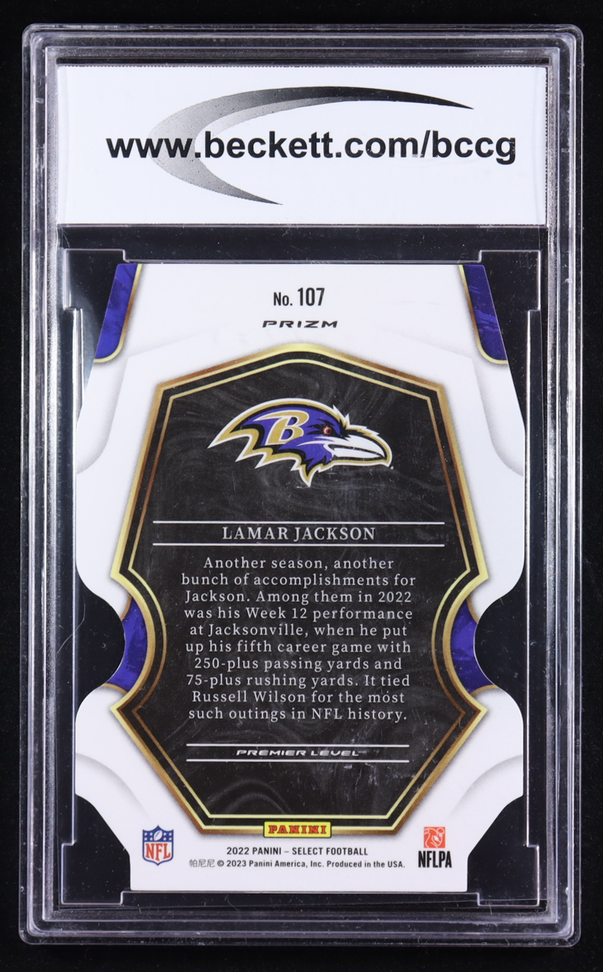 Lamar Jackson 2022 Select Prizm Green and Yellow Die Cut #107 (BCCG 10) at PristineAuction.com Lamar Jackson 2022 Select Prizm Green and Yellow Die Cut #107 (BCCG 10) at PristineAuction.com