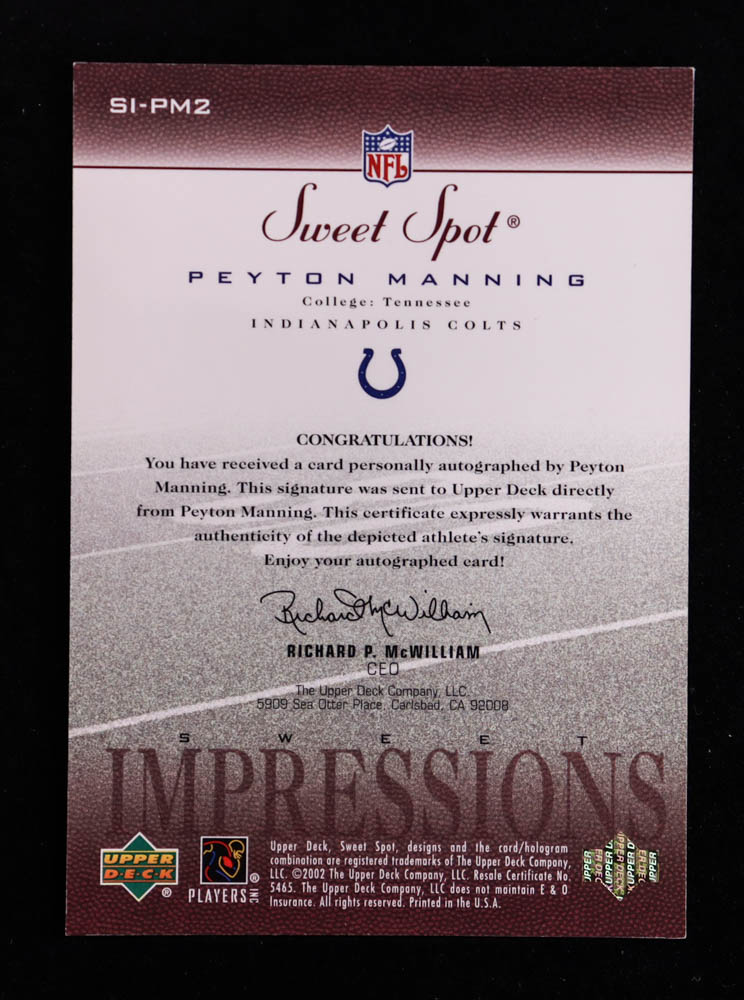 Peyton Manning 2002 Sweet Spot Sweet Impressions Autographs #SIPM2 #299/450 at PristineAuction.com Peyton Manning 2002 Sweet Spot Sweet Impressions Autographs #SIPM2 #299/450 at PristineAuction.com