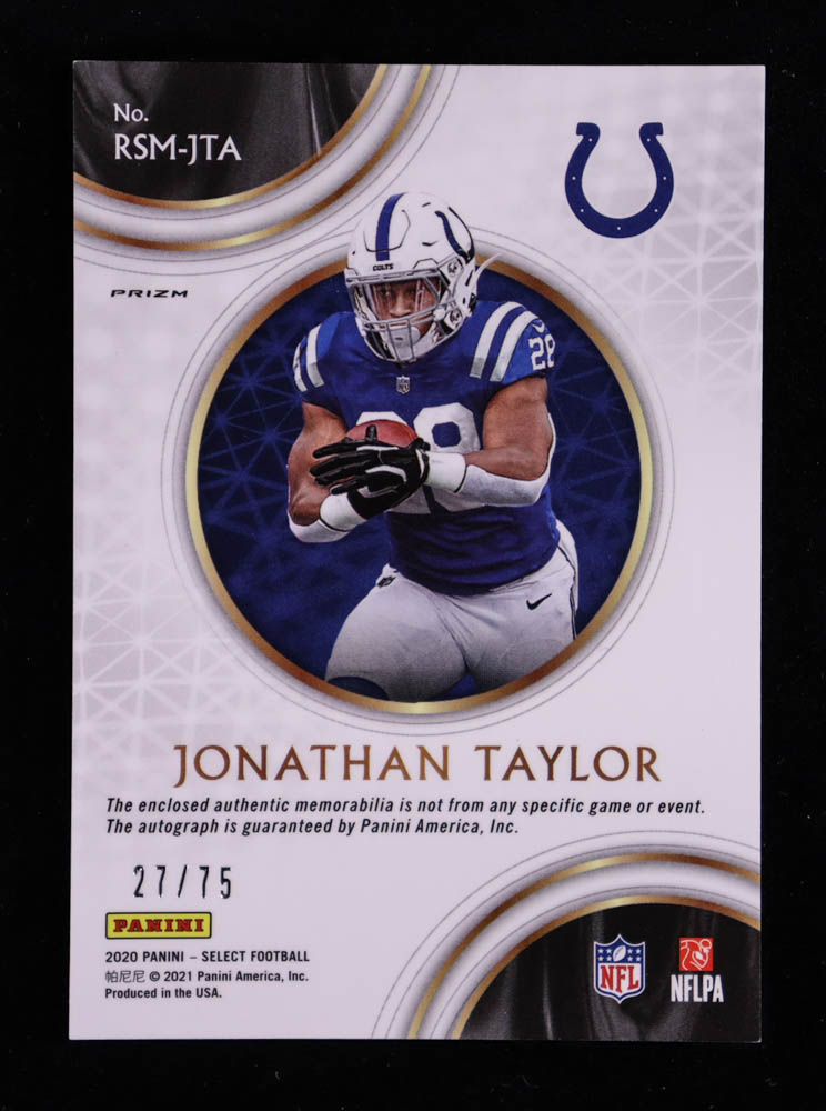 Jonathan Taylor 2020 Select Rookie Signature Memorabilia Prizm Blue #16 RC #27/75 at PristineAuction.com Jonathan Taylor 2020 Select Rookie Signature Memorabilia Prizm Blue #16 RC #27/75 at PristineAuction.com