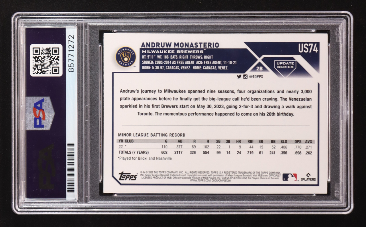 Andrew Monasterio Signed 2023 Topps Update Series #US74 RC (PSA | Autograph Graded PSA 10) at PristineAuction.com Andrew Monasterio Signed 2023 Topps Update Series #US74 RC (PSA | Autograph Graded PSA 10) at PristineAuction.com