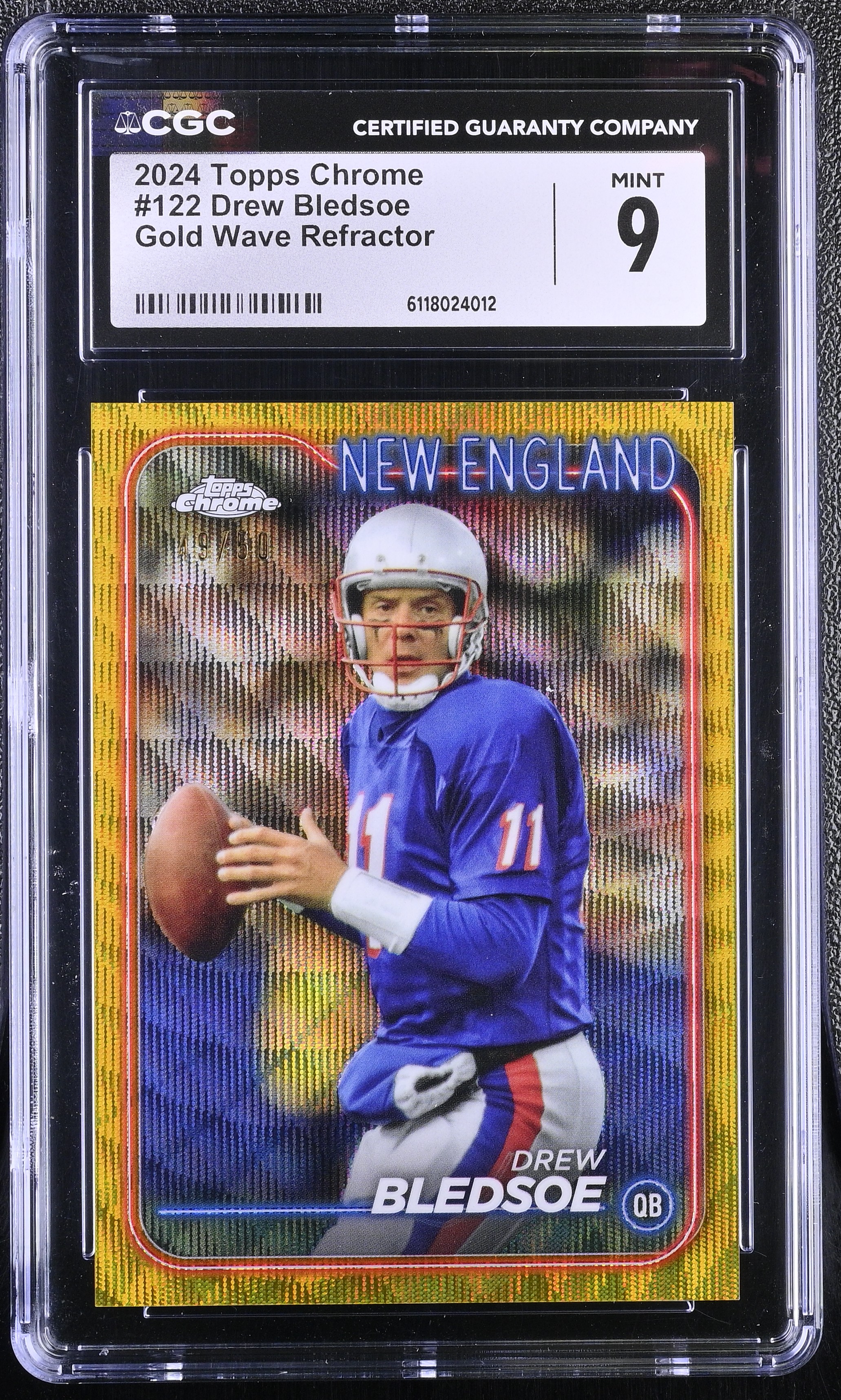 Drew Bledsoe 2024 Topps Chrome Gold Wave Refractor #122 #49/50 (CGC 9) at PristineAuction.com Drew Bledsoe 2024 Topps Chrome Gold Wave Refractor #122 #49/50 (CGC 9) at PristineAuction.com