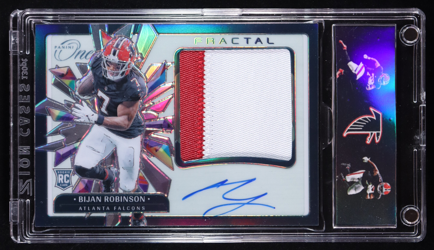 Bijan Robinson 2023 Panini One Rookie Fractal Patch Autographs #377 #48/60 RC at PristineAuction.com Bijan Robinson 2023 Panini One Rookie Fractal Patch Autographs #377 #48/60 RC at PristineAuction.com