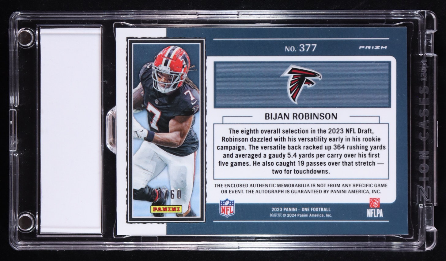 Bijan Robinson 2023 Panini One Rookie Fractal Patch Autographs #377 #48/60 RC at PristineAuction.com Bijan Robinson 2023 Panini One Rookie Fractal Patch Autographs #377 #48/60 RC at PristineAuction.com