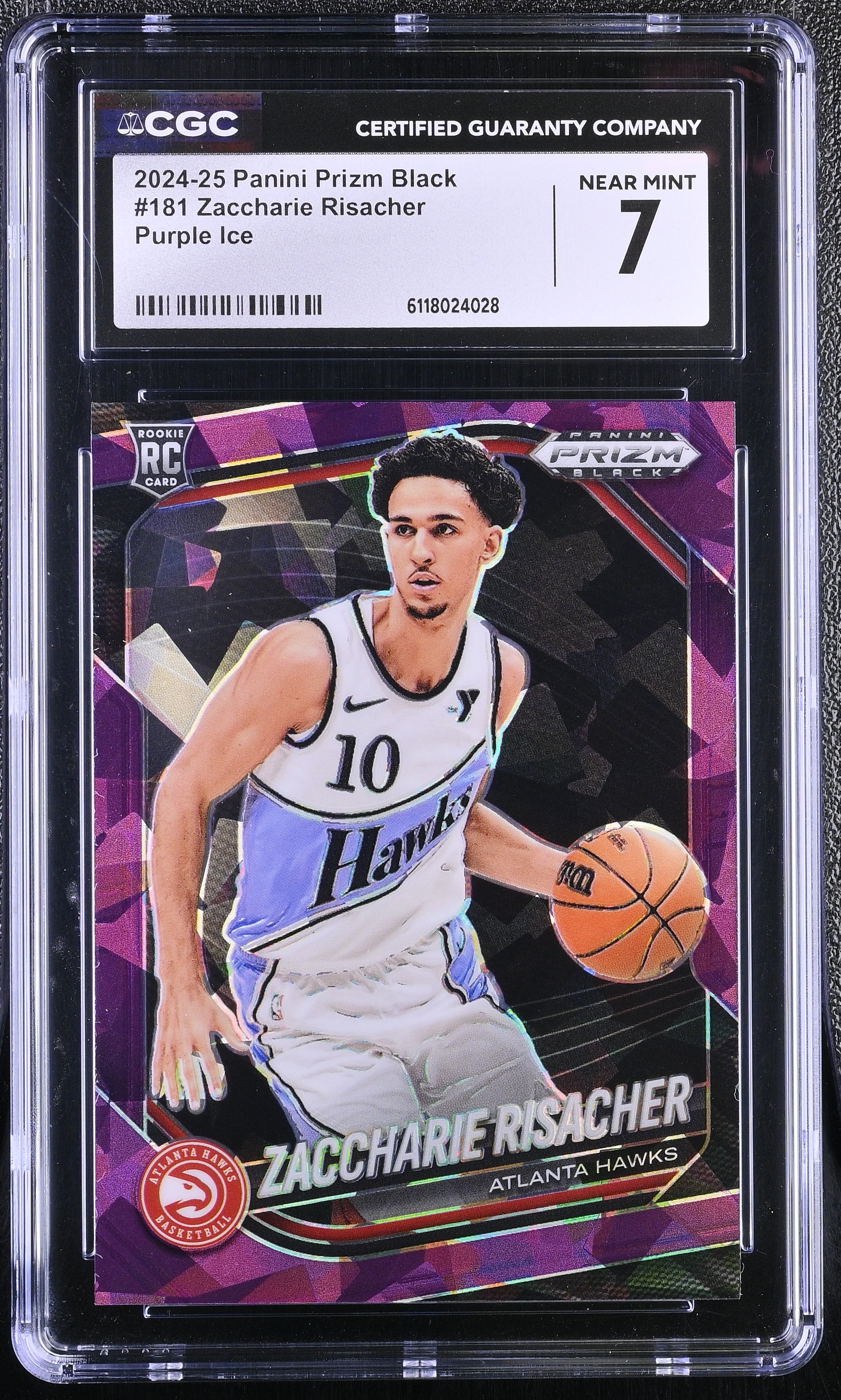 Zaccharie Risacher 2024-25 Panini Prizm Black Purple Ice #181 #012/149 RC (CGC 7) at PristineAuction.com Zaccharie Risacher 2024-25 Panini Prizm Black Purple Ice #181 #012/149 RC (CGC 7) at PristineAuction.com