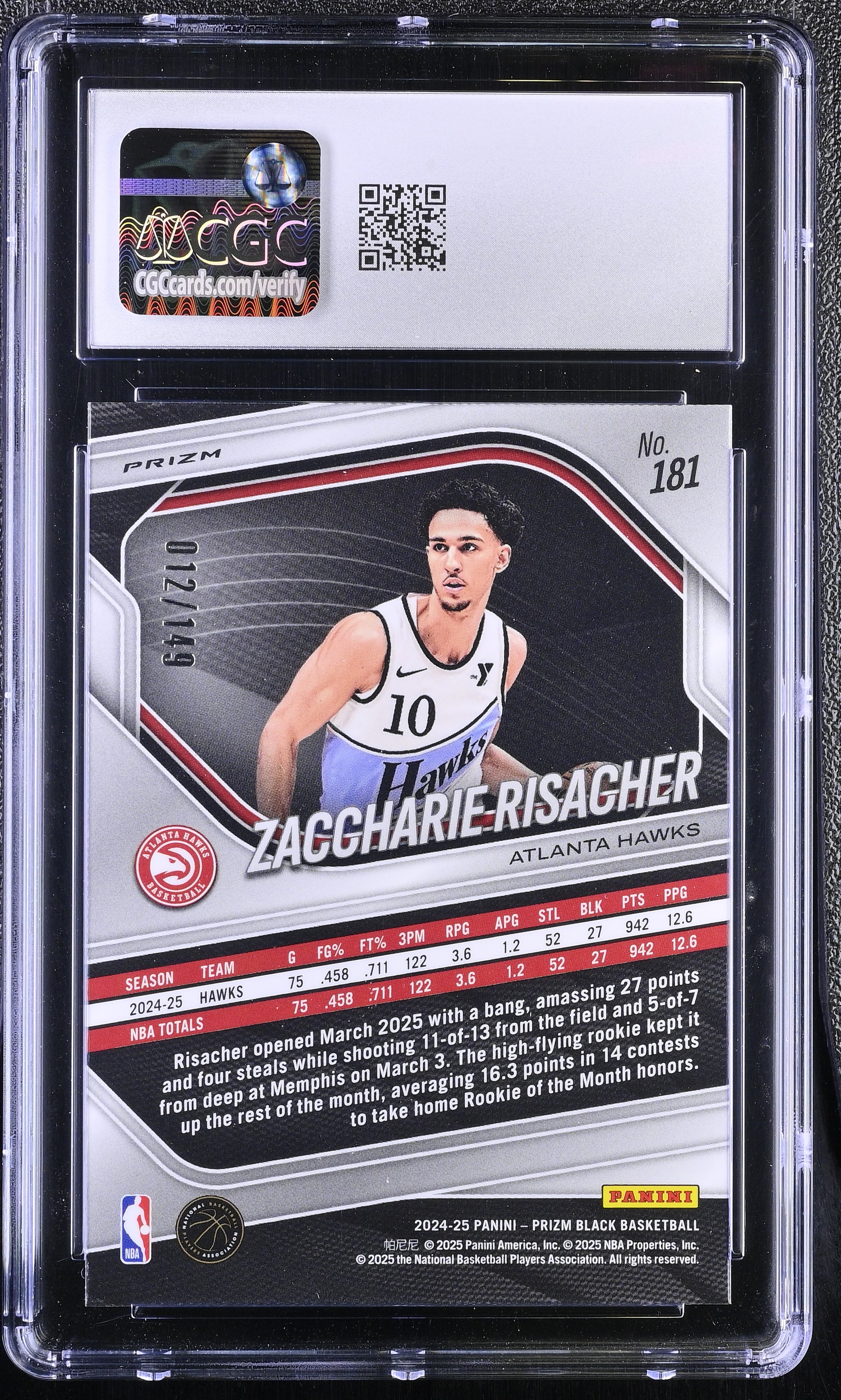 Zaccharie Risacher 2024-25 Panini Prizm Black Purple Ice #181 #012/149 RC (CGC 7) at PristineAuction.com Zaccharie Risacher 2024-25 Panini Prizm Black Purple Ice #181 #012/149 RC (CGC 7) at PristineAuction.com