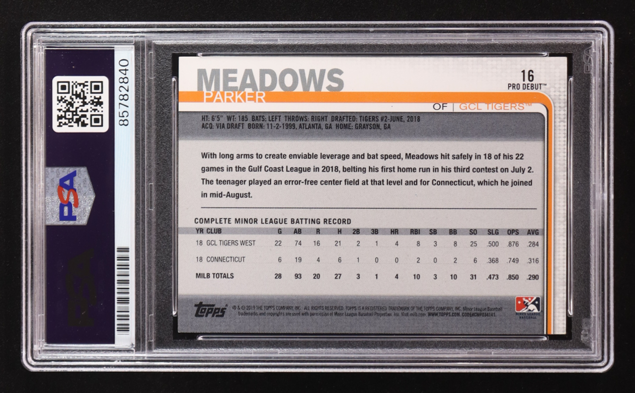 Parker Meadows Signed 2019 Topps Pro Debut #16 RC (PSA | Autograph Graded PSA 10) at PristineAuction.com Parker Meadows Signed 2019 Topps Pro Debut #16 RC (PSA | Autograph Graded PSA 10) at PristineAuction.com