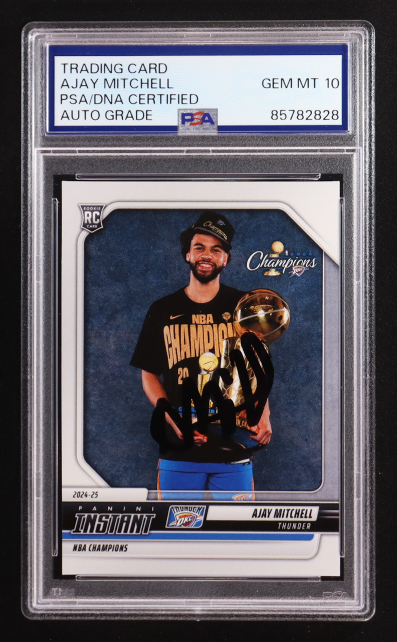 Ajay Mitchell Signed 2024-25 Panini Instant NBA Champions #16 RC (PSA | Autograph Graded PSA 10) at PristineAuction.com Ajay Mitchell Signed 2024-25 Panini Instant NBA Champions #16 RC (PSA | Autograph Graded PSA 10) at PristineAuction.com